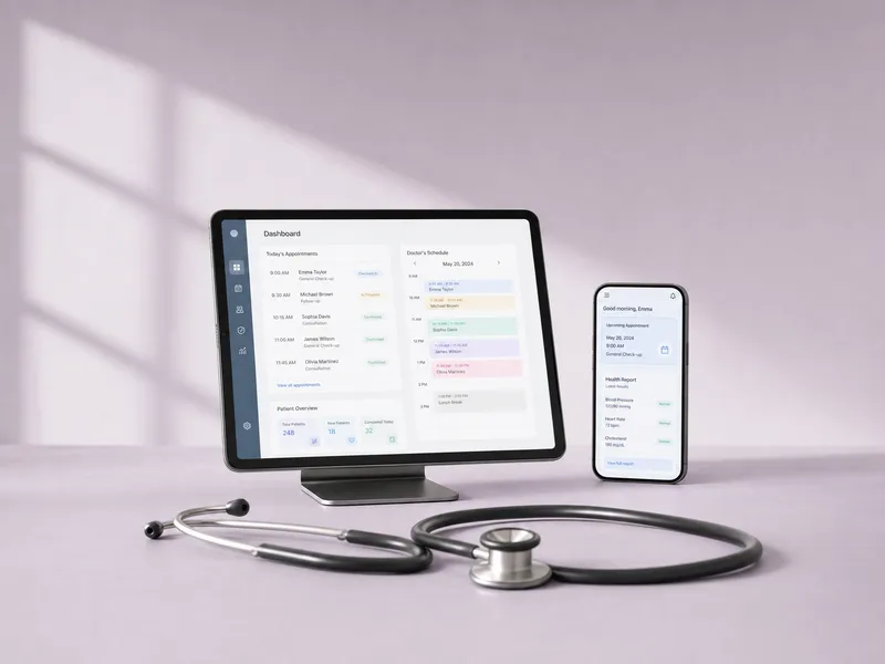 A tablet with a clinic dashboard and a phone with a patient app, beside a stethoscope