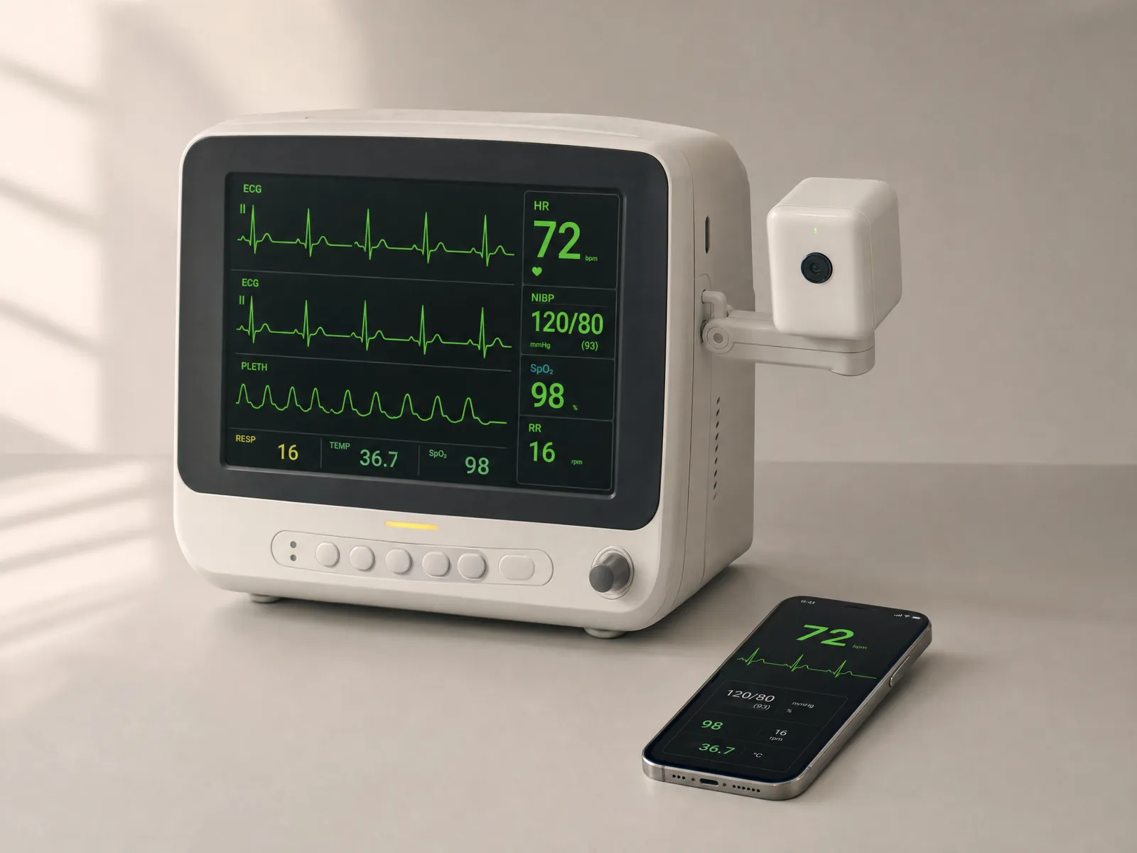 A bedside ECG monitor with a small camera device clipped on, and a phone showing the same vitals