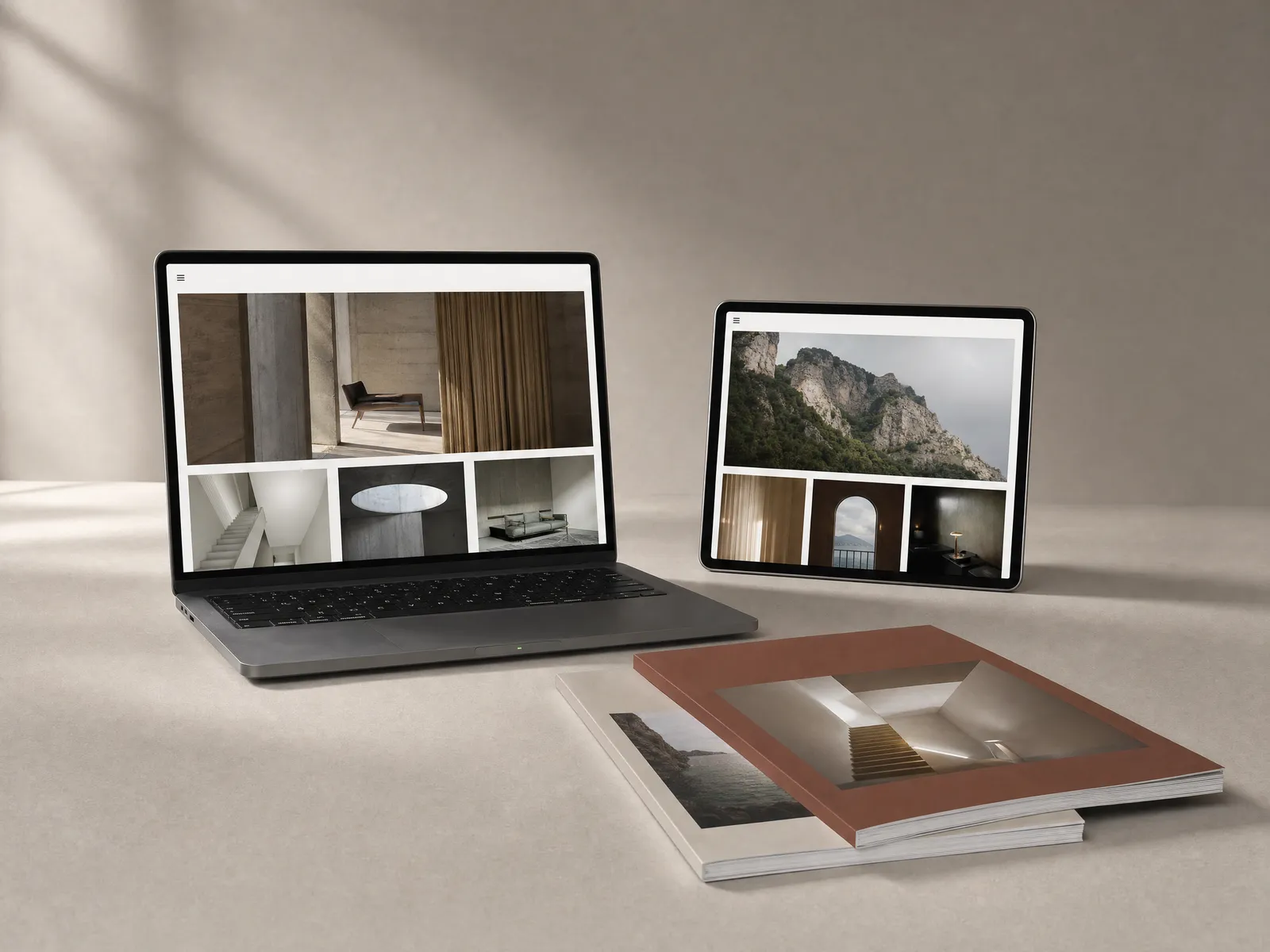 A laptop and a tablet showing a magazine publisher's website beside two magazines