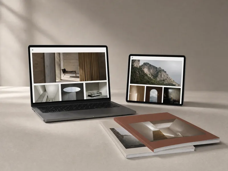 A laptop and a tablet showing a magazine publisher's website beside two magazines