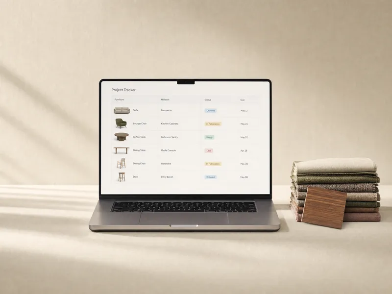 A laptop showing an interior studio's item tracker beside fabric swatches and a wood sample