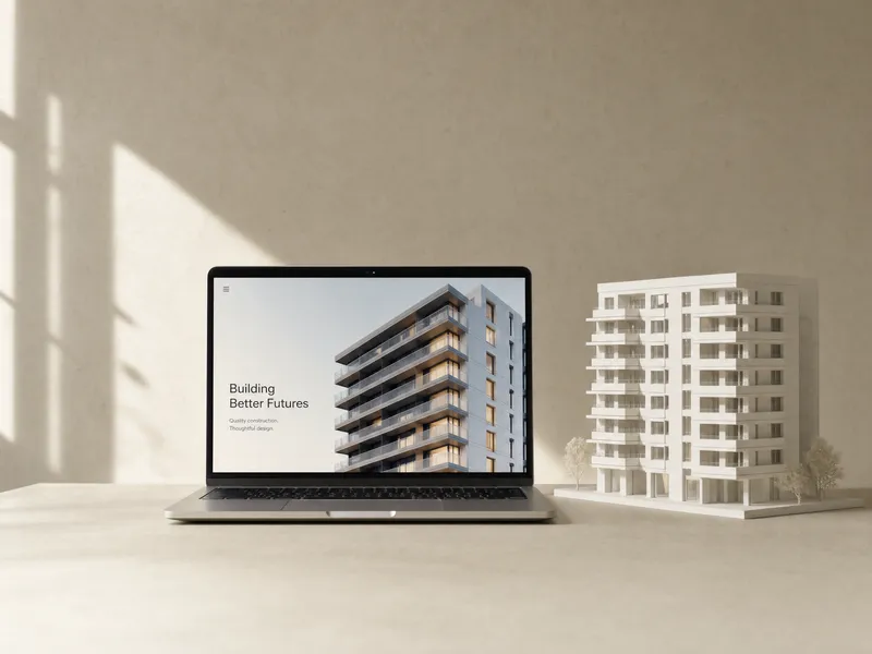 A laptop showing a construction company website beside an architectural model
