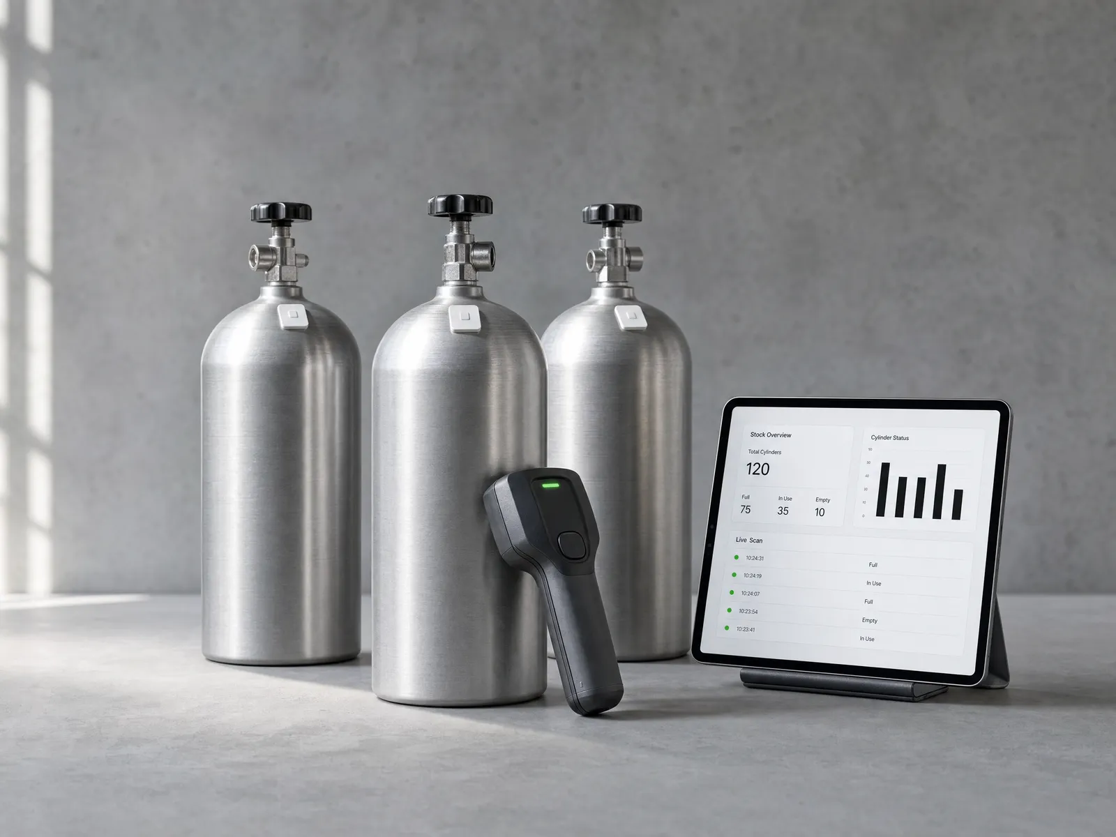 Gas cylinders with RFID tags, a handheld RFID scanner and a tablet showing cylinder stock