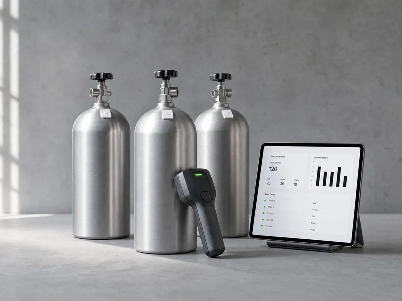 Gas cylinders with RFID tags, a handheld RFID scanner and a tablet showing cylinder stock