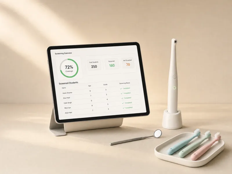 A tablet with a school dental screening dashboard beside an intraoral camera and toothbrushes