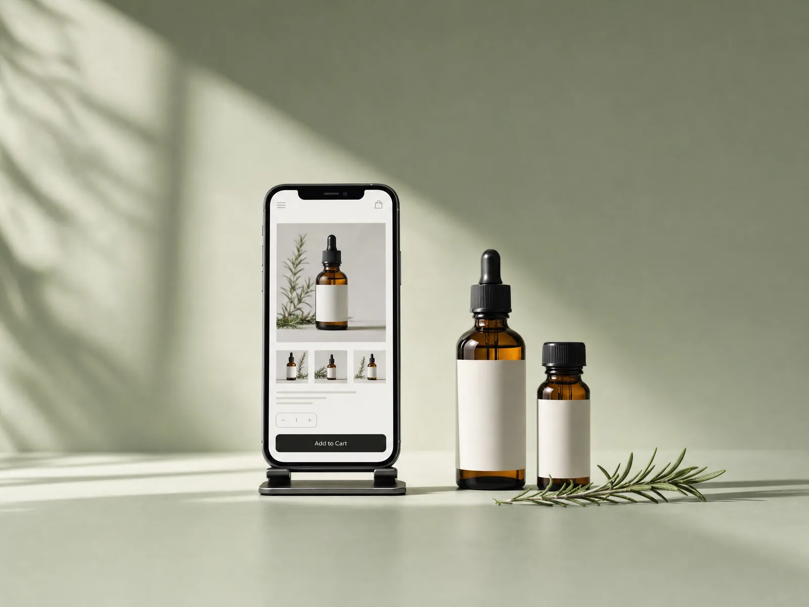 A phone showing a haircare store beside two amber hair-oil bottles and rosemary