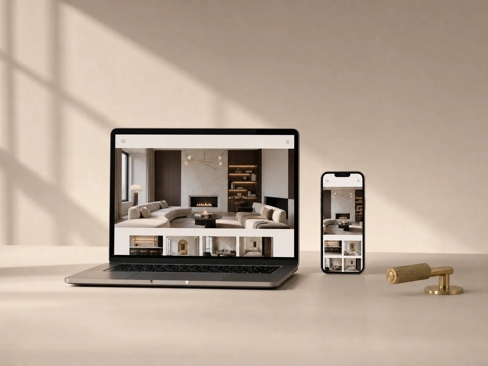 A laptop and a phone showing an interior design studio website beside a brass door handle