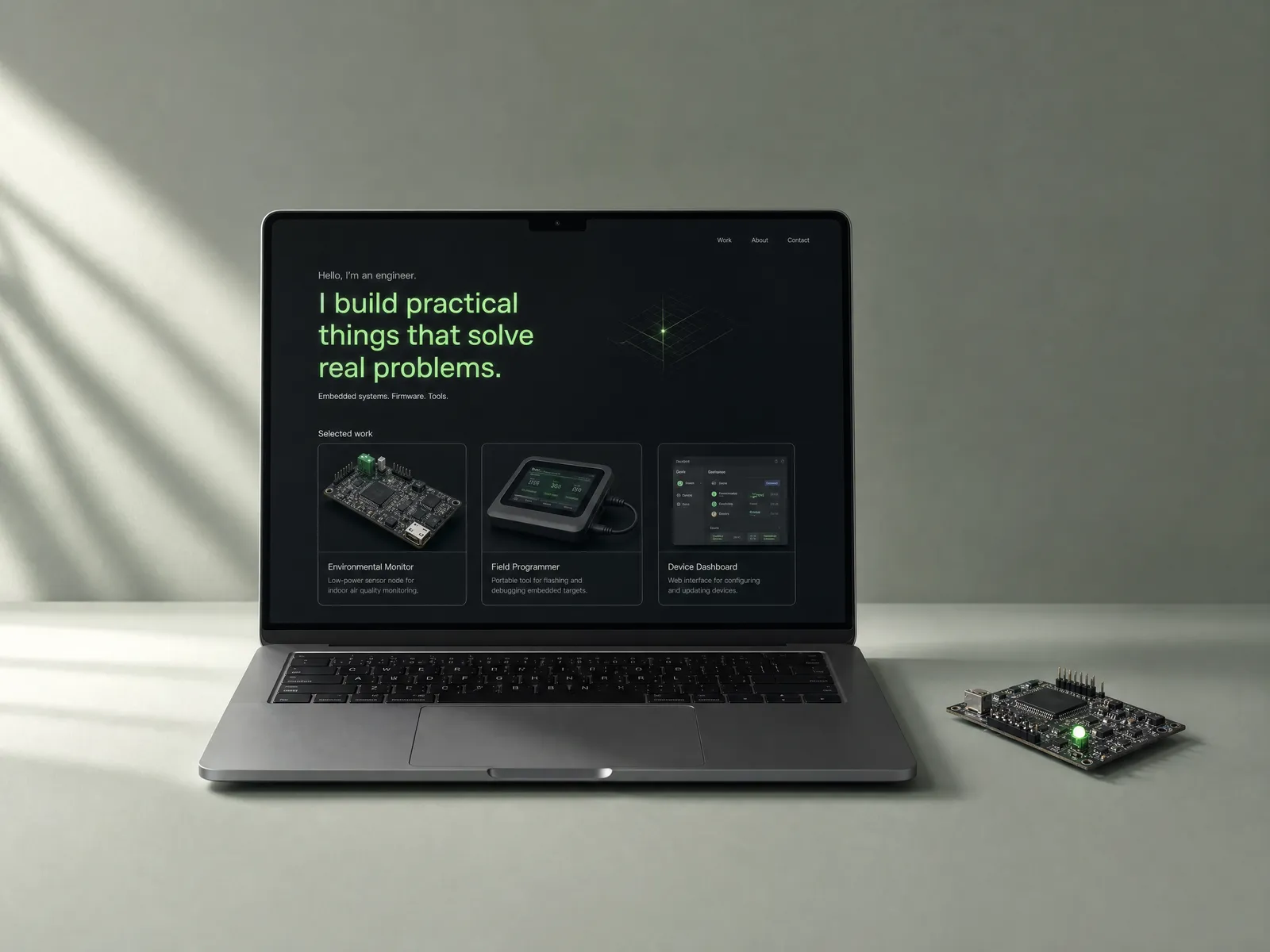 A laptop showing a dark engineer portfolio site beside a small circuit board