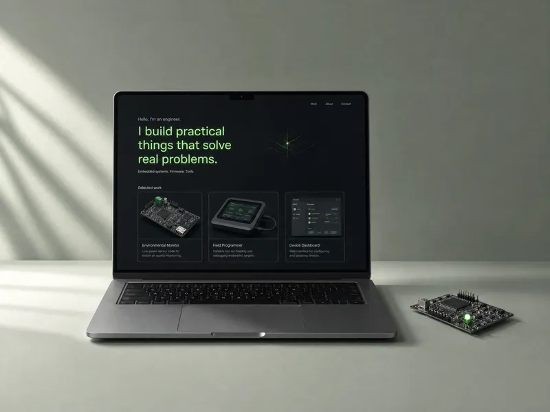 A laptop showing a dark engineer portfolio site beside a small circuit board