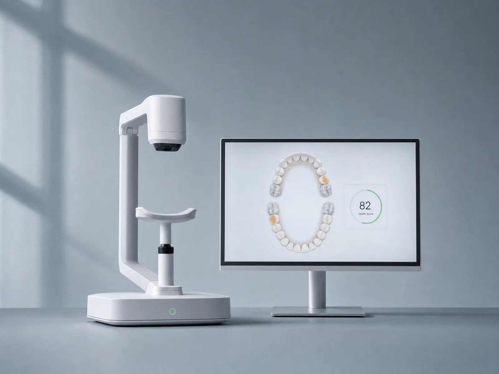 An oral-scanning station with a camera arm beside a monitor showing a tooth chart