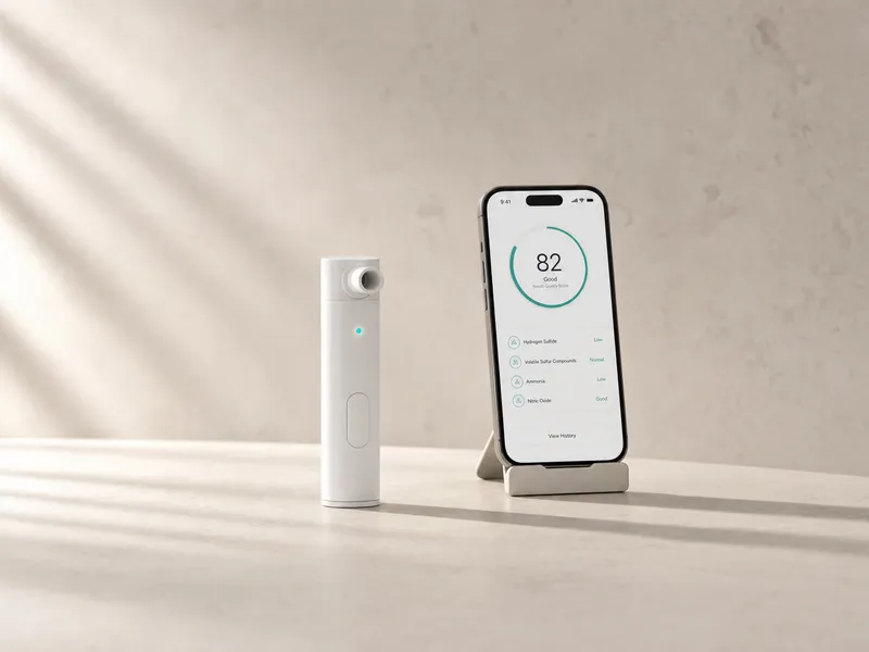 A handheld breath-analysis device beside a phone showing its breath score