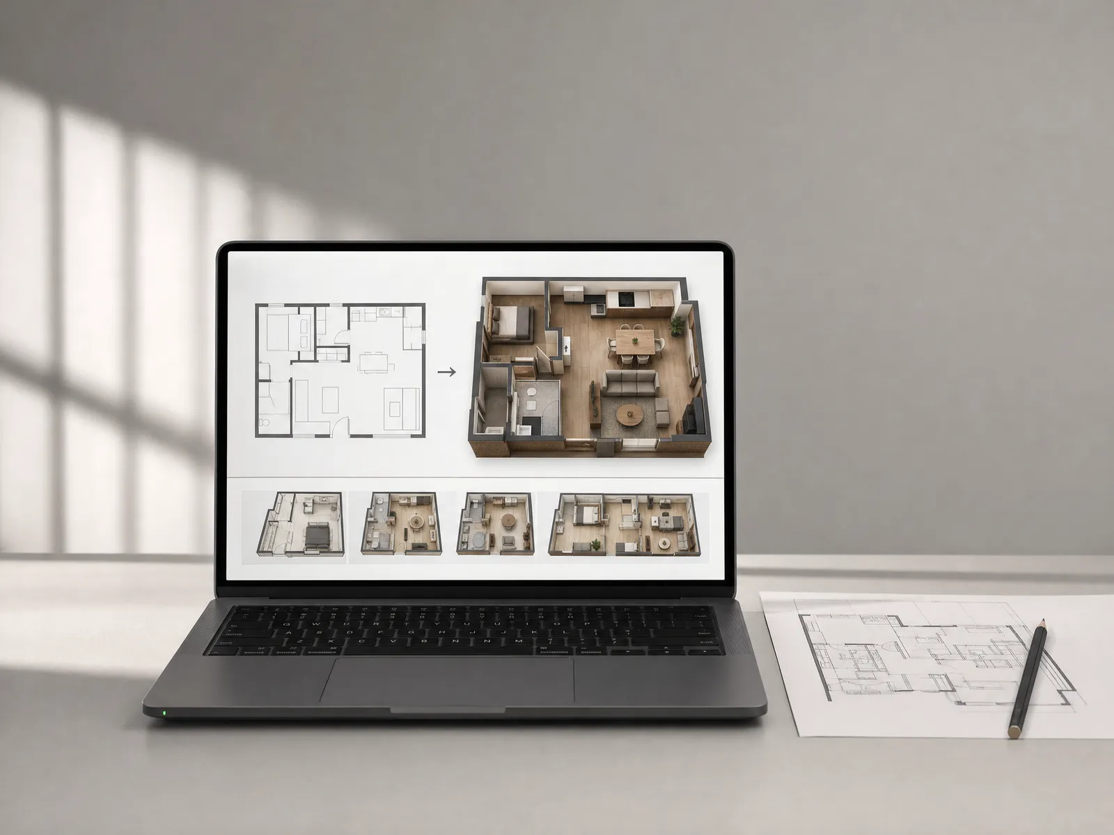 A laptop turning a floor plan into a 3D interior render beside a printed plan
