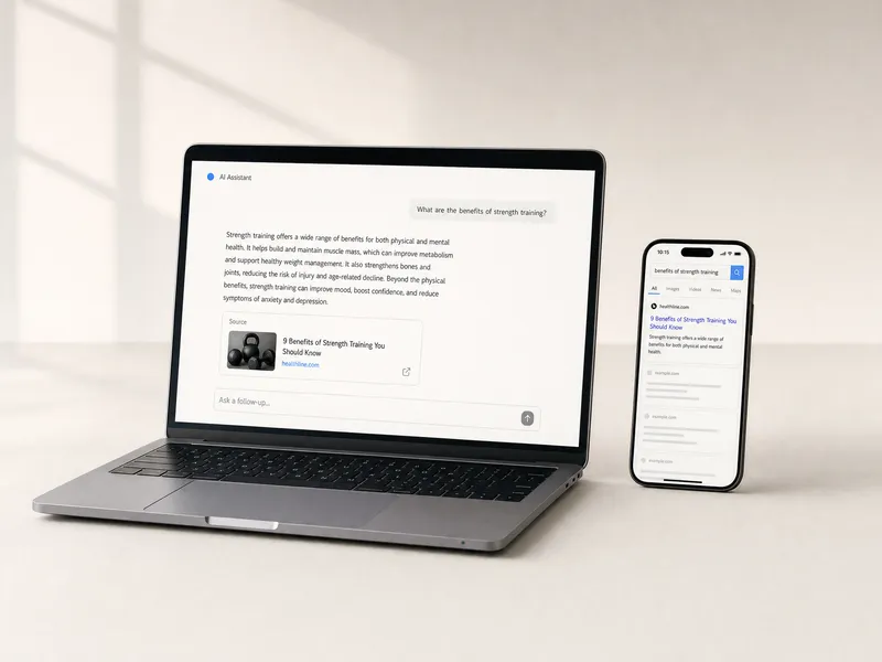 A laptop with an AI assistant citing a website and a phone showing it at the top of search results