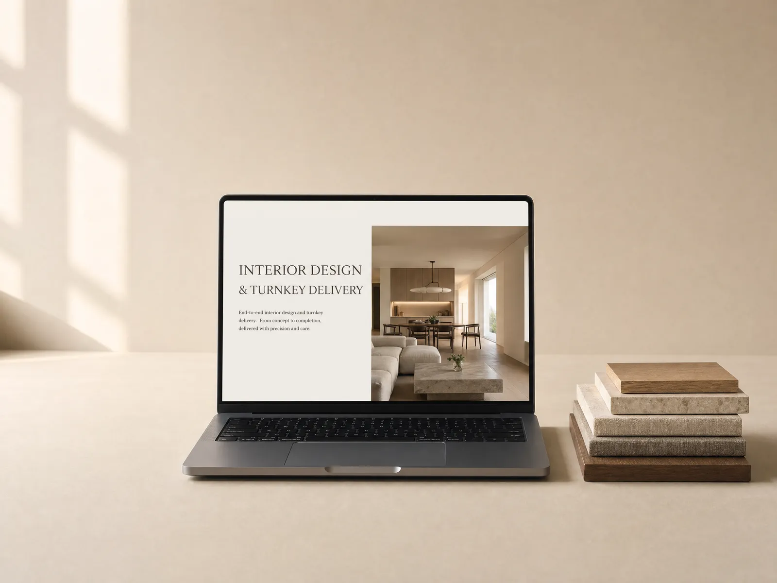 A laptop showing an interior design website beside oak, stone and linen samples